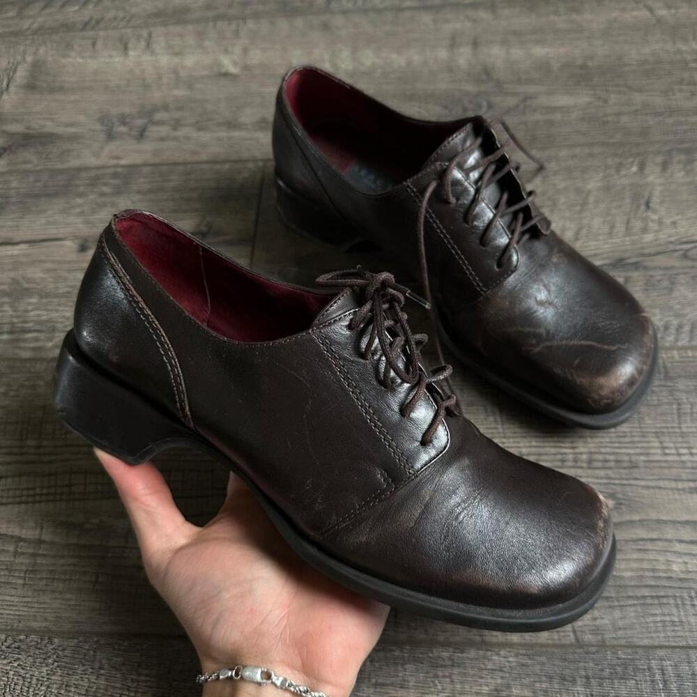 Vintage Leather Chunky Lace Up Square Toe Oxford Derby Dress Shoe